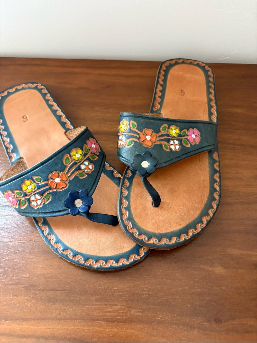 Floral Leather Toe-Post Sandals